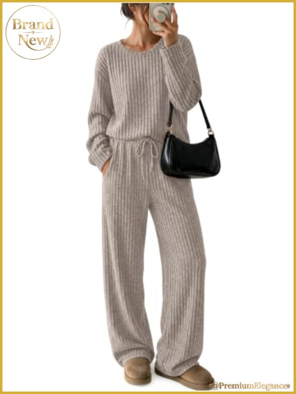 Lounge Set 2 Piece Ribbed Knit Pajamas Long Sleeve Crew Neck Matching